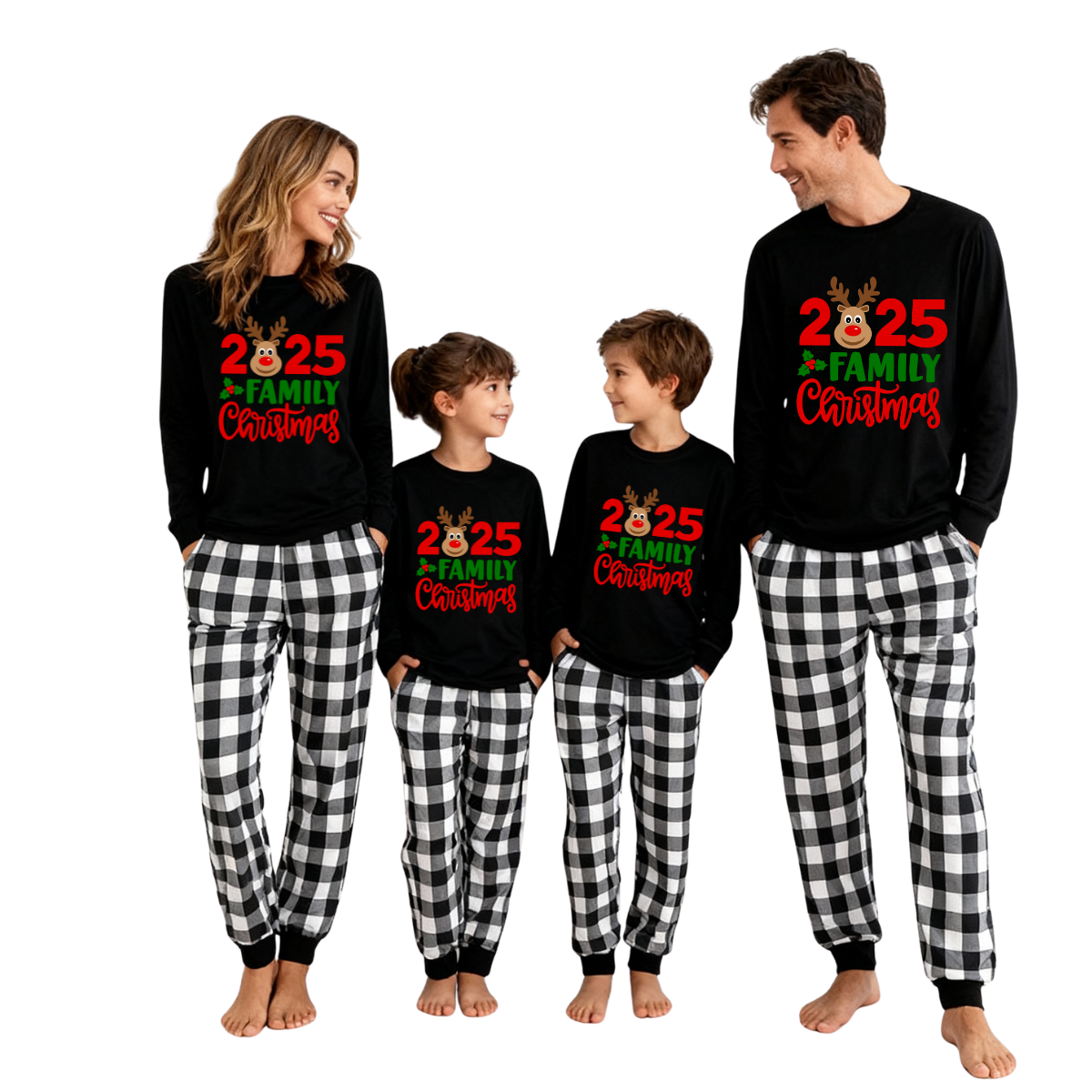 "2025 Family Christmas" Moose Letter Print Black Long Sleeve Top with Black And White Plaid Pants Family Matching Pajamas