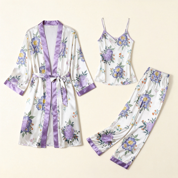 Women’s Satin 3-Piece Loungewear Set in Purple Florals Style