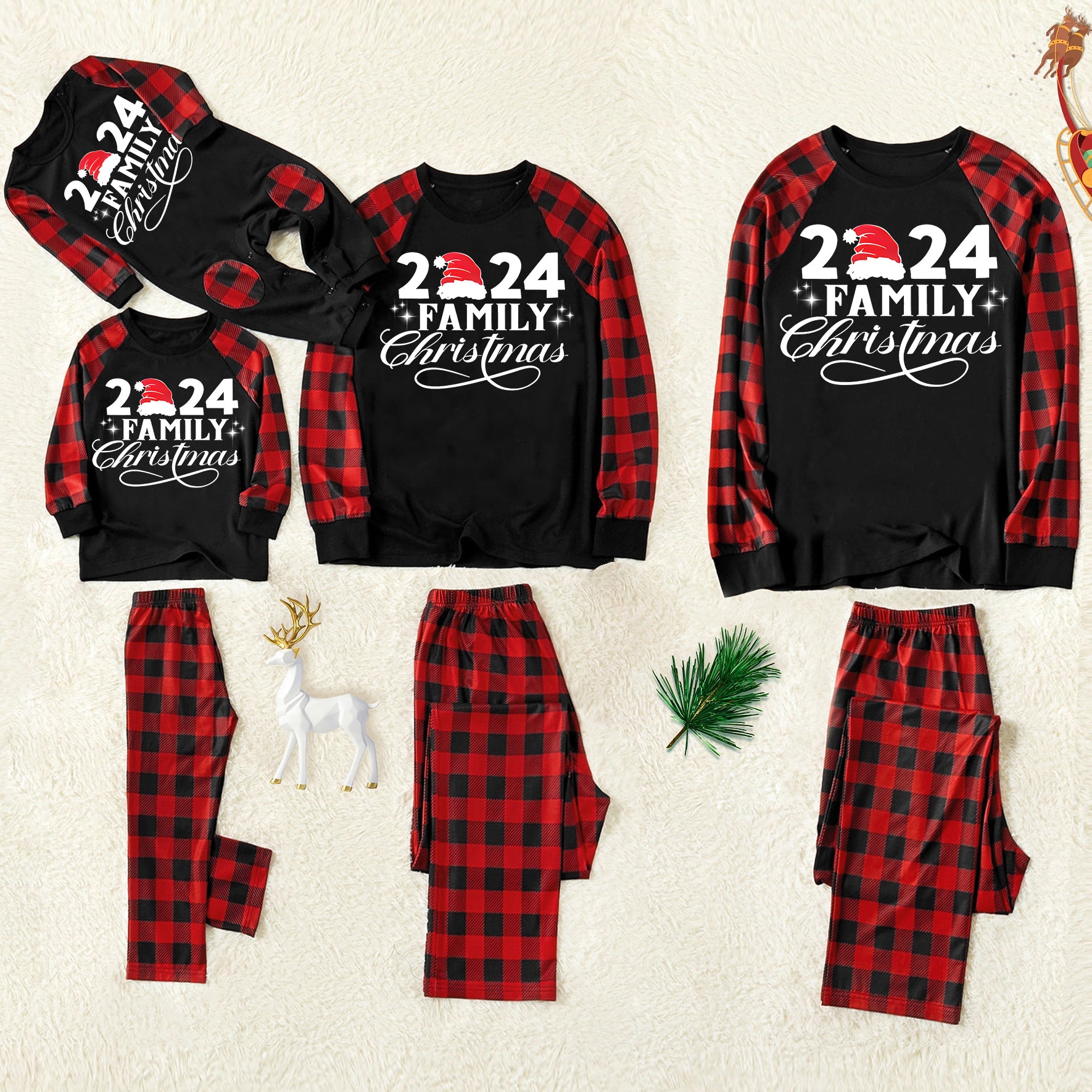 "2024 Family Christmas" Letter Print Black & Red Plaid Family Matching Black Pajamas