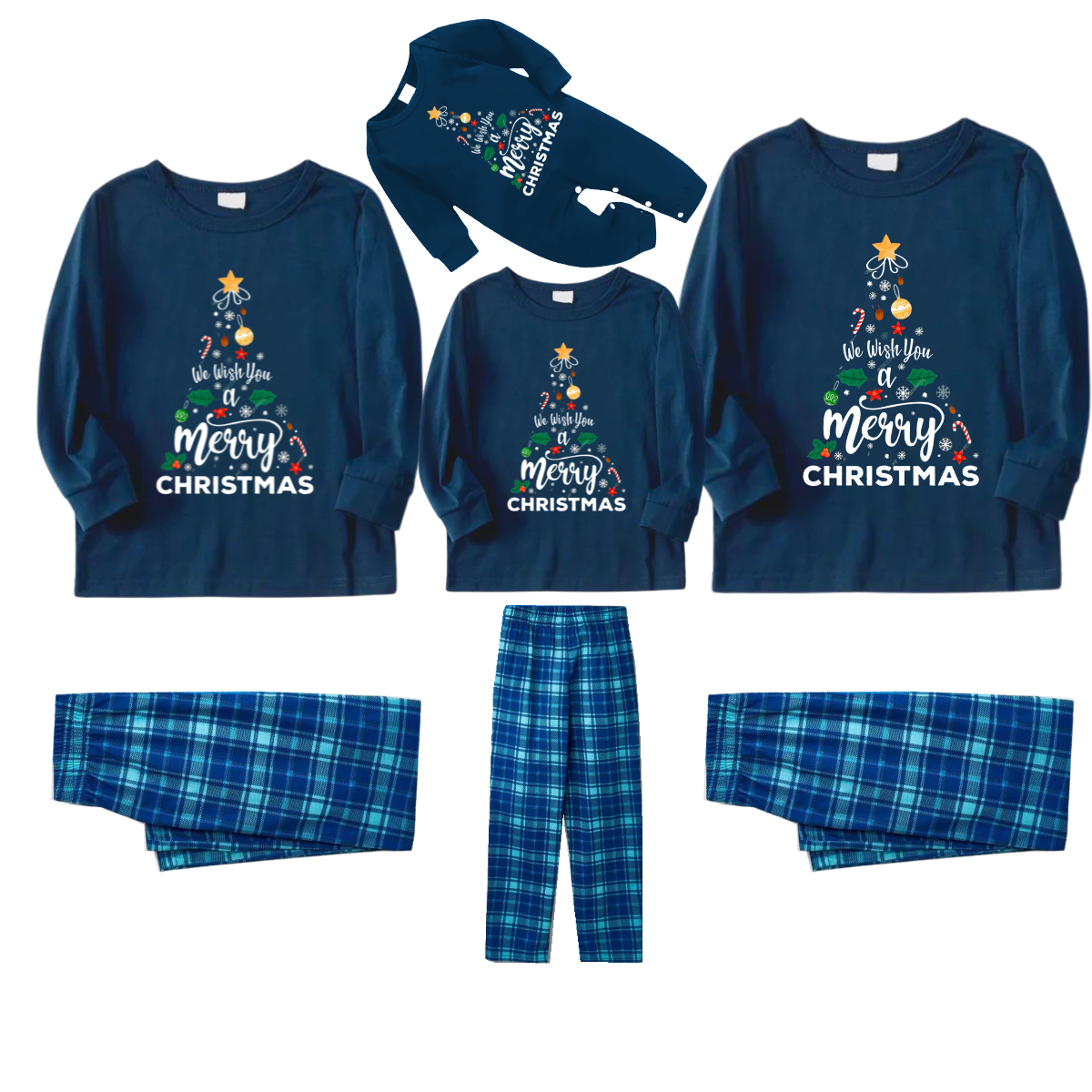 "We Wish You a Merry Christmas" Printed Blue Long Sleeve Top With Blue Plaid Family Matching Pajamas