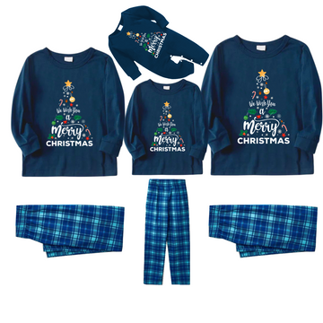 "We Wish You a Merry Christmas" Printed Blue Long Sleeve Top With Blue Plaid Family Matching Pajamas