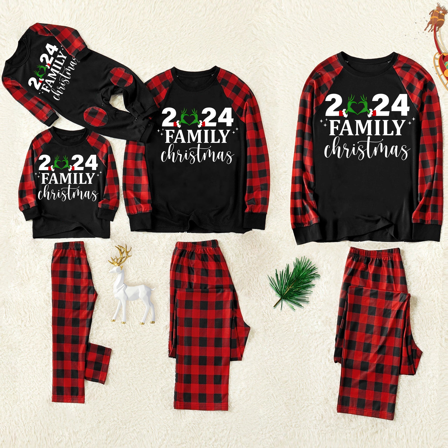 "2024 Family Christmas" Quirky Heart Letter Print Black & Red Plaid Family Matching Black Pajamas