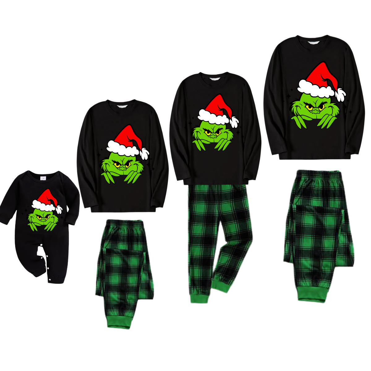 Christmas Cartoon Pattern Print Black Long Sleeve Top with Green and Black Plaid Family Matching Pajamas