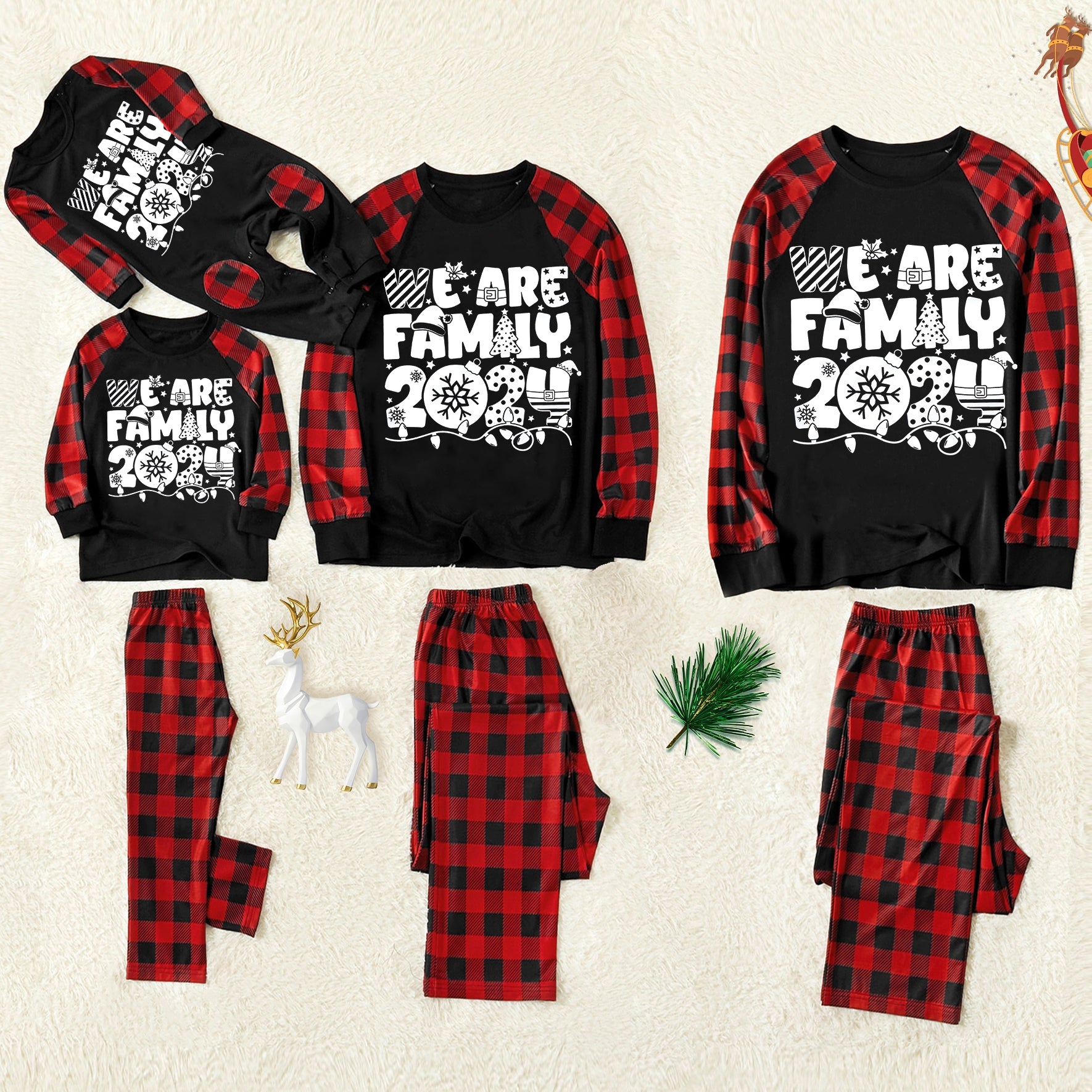 "We are Family 2024" White Letter Print Black & Red Plaid Family Matching Black Pajamas