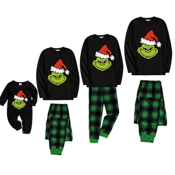 Christmas Cartoon Pattern Print Black Long Sleeve Top with Green and Black Plaid Family Matching Pajamas 2024