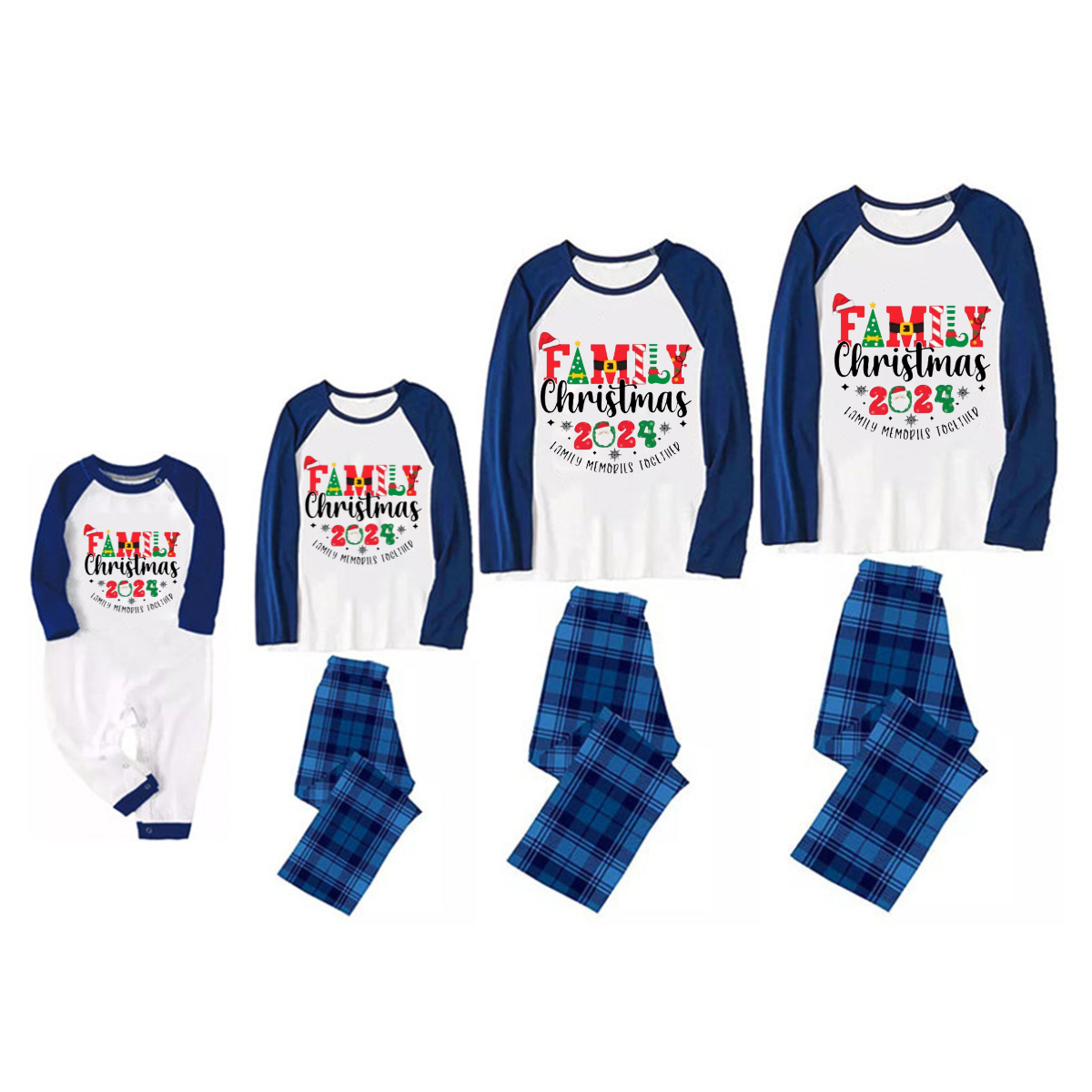 "Family Christmas 2024" Print Blue & Black Plaid Family Matching Pajamas