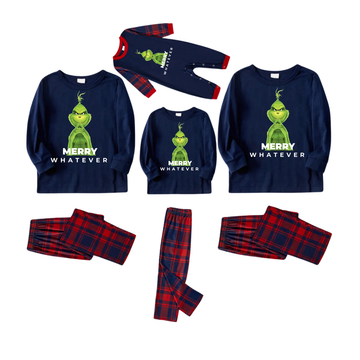 Cute Cartoon Pattern and "Merry Whatever" Slogan Printed Blue Top Red&Blue Plaid Pants Family Matching Pajamas