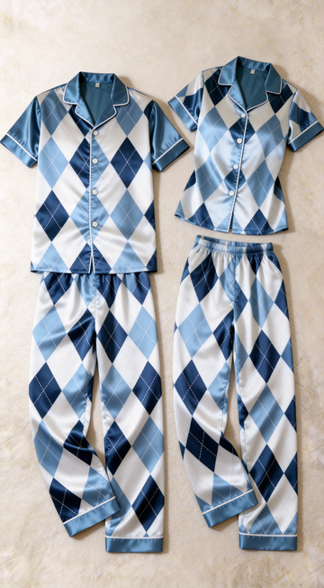 Smooth Satin Plaid Design Short Sleeve Long Pants Couple Set
