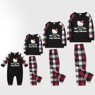 Merry Christmas Letter & Hello Kitty Pattern Black and Red Plaid Family Pajama Set