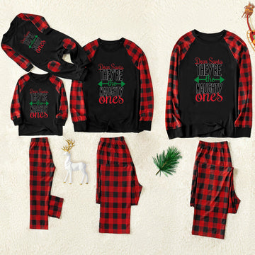 'Dear Santa Ther Are The Naughty One' Letter Print Casual Long Sleeve Sweatshirts Contrast Black Top and Black & Red Plaid Pants Family Matching Pajamas Set With Dog Bandana