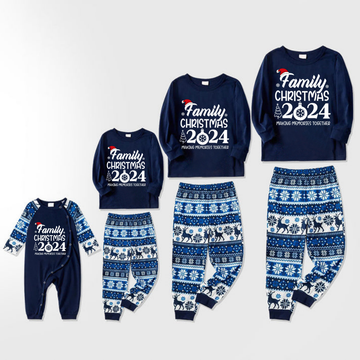 "Family Christmas 2024 " Text Print Blue Family Matching Pajamas