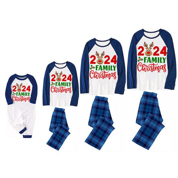 "2024 Family Christmas" Moose Letter Prints Blue & Black Plaid Family Matching White Pajamas With Dog