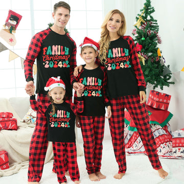 Christmas Family Christmas 2024 Letter Print Patterned Contrast Black top and Black & Red Plaid Pants Family Matching Pajamas Set