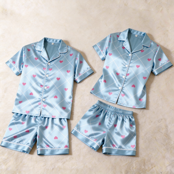 Satin Print Light Blue Pajama Set – Unique Couple Sleepwear