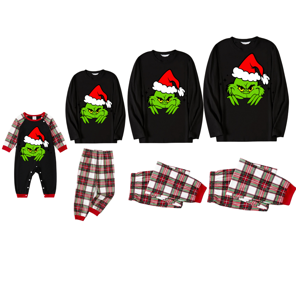 Christmas Cartoon Print Black Long Sleeve Top with Red & White & Green Plaid Family Matching Pajamas