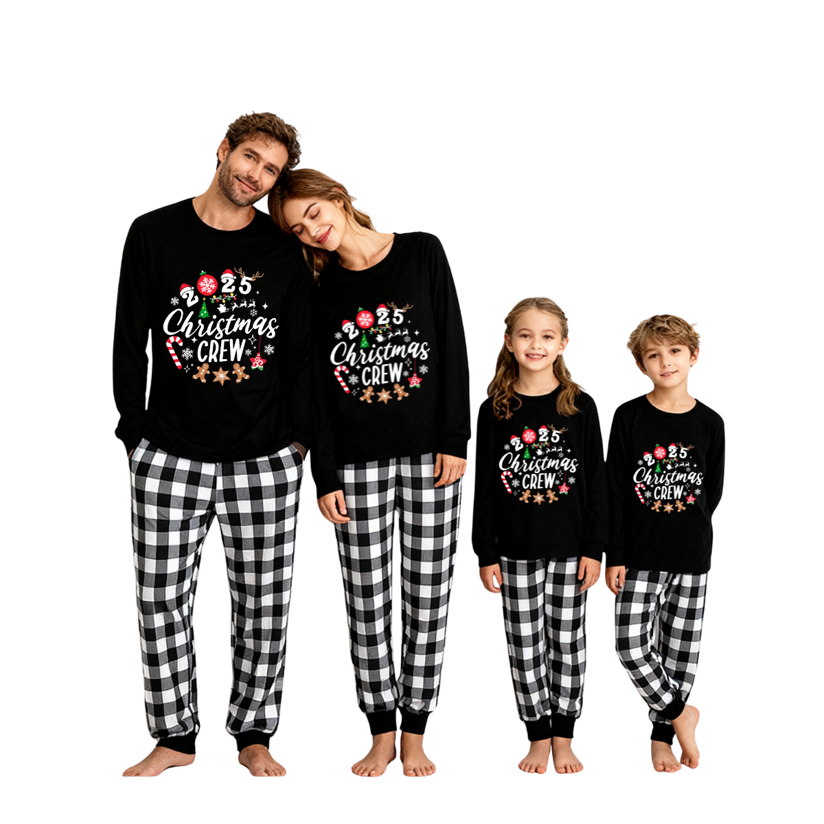 2025 Christmas Crew Making Memories Together Text Print Black Long Sleeve Top with Black And White Plaid Pants Family Matching Pajamas