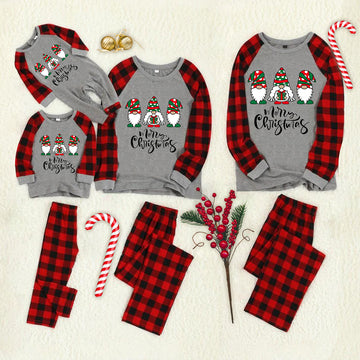 Merry Christmas Cute Gnome Print Casual Long Sleeve Sweatshirts Grey Contrast Top and Black & Red Plaid Pants Family Matching Pajamas Set With Dog Bandana