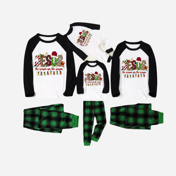 Jesus the Reason for the Season Family Christmas Pajamas Set - Black and White Top with Green Plaid Pants