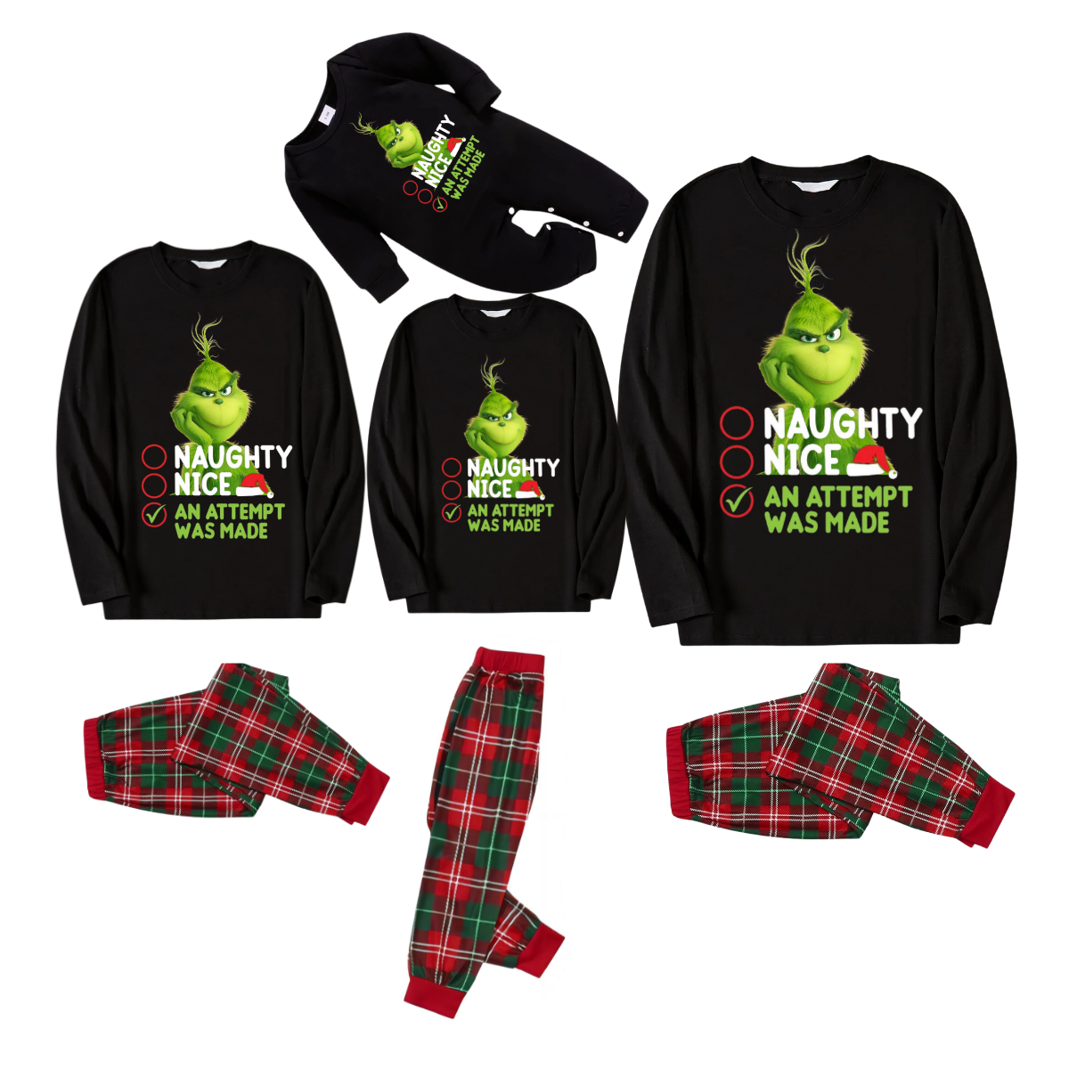 Cute Cartoon Pattern and Slogan Printed Red and Green Plaid Family Matching Pajamas