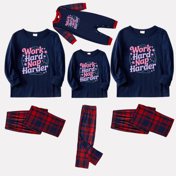 Word Harder Nap Harder Letter Print Red & Blue Plaid Family Matching Pajamas