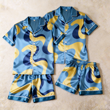 Elegant Satin Artistic Print Solid Sleepwear – Understated Luxury Couple Set