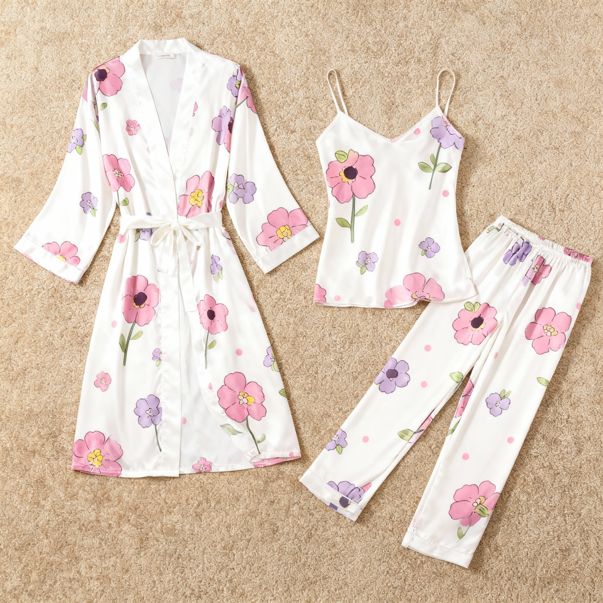Women’s Satin 3-Piece Loungewear Set in Elegant Floral Style