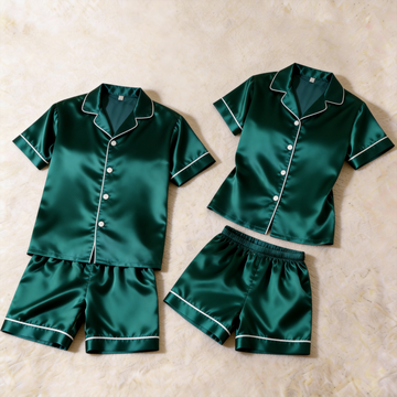 Elegant Satin Vintage Green Solid Sleepwear – Understated Luxury Couple Set