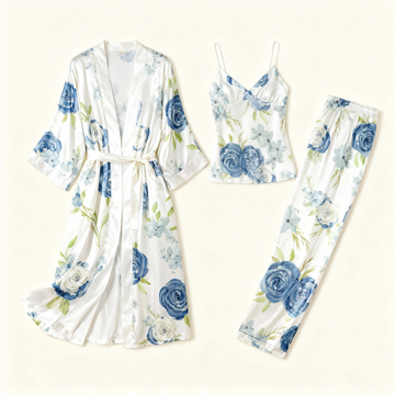 Women’s Satin 3-Piece Loungewear Set in Watercolor Floral Style