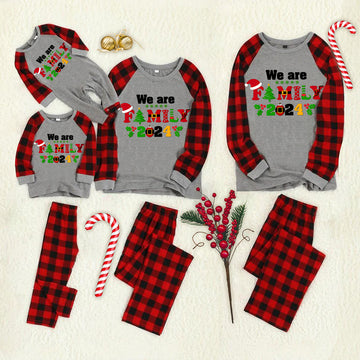 Christmas We are Family 2024 Letter Print Black & Red Plaid Family Matching Grey Pajamas With Dog