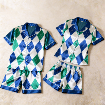 Green & Blue Plaid Design Satin Solid Sleepwear – Understated Luxury Couple Set