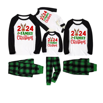 "2024 Family Christmas" and Deer Printed Green and Black Plaid Christmas Family Pajamas