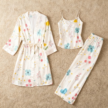 Women’s Satin 3-Piece Loungewear Set in Dreamy Floral Style