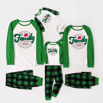 "Family Christmas 2024" Text Print Green Rotator Cuff Top With Green & Black Plaid Family Matching Pajamas