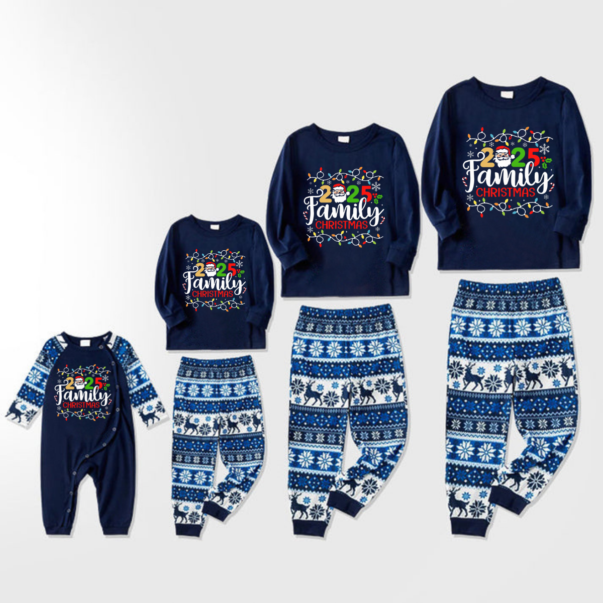 Joyful Blue Christmas Pajamas Set With Christmas Light and "2025 Family Christmas" Text Print