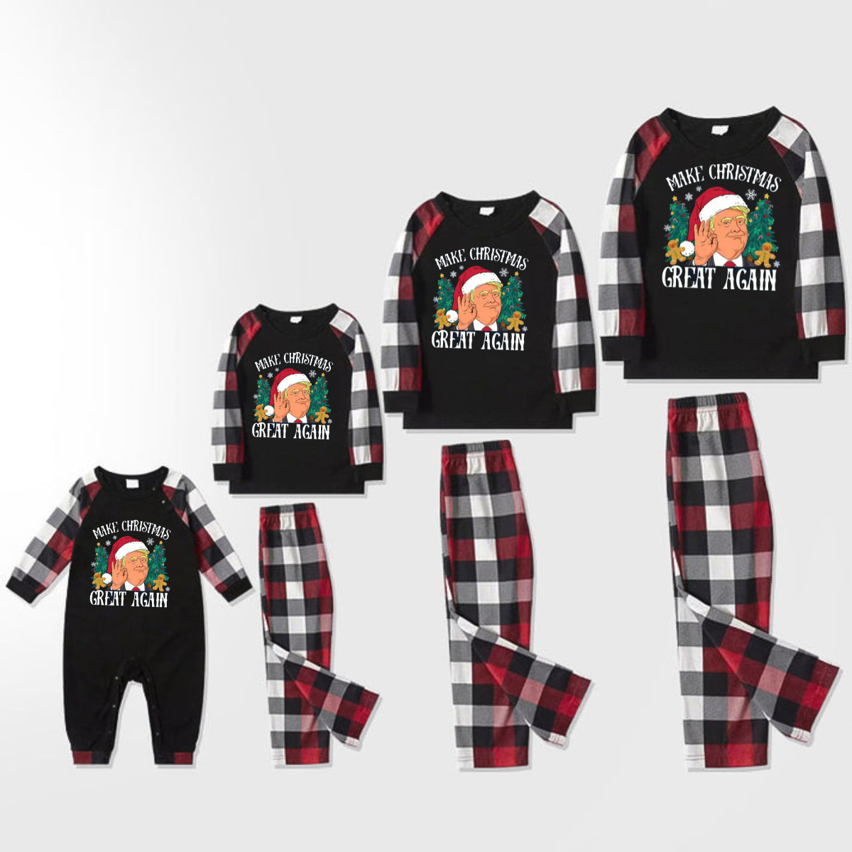 "MERRY CHRISTMAS GREAT AGAIN" Letter Printed Red&Black&White Plaid Family Pajamas Sets