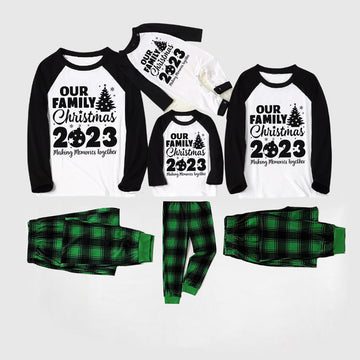 Christmas Tree & "Making Memories Together" Patterned Black Sleeve Contrast Tops and and Black and Green Plaid Pants Family Matching Pajamas Sets With Dog Bandana