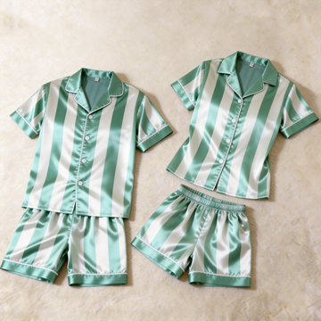 Light Green Striped Design Satin Solid Sleepwear – Understated Luxury Couple Set