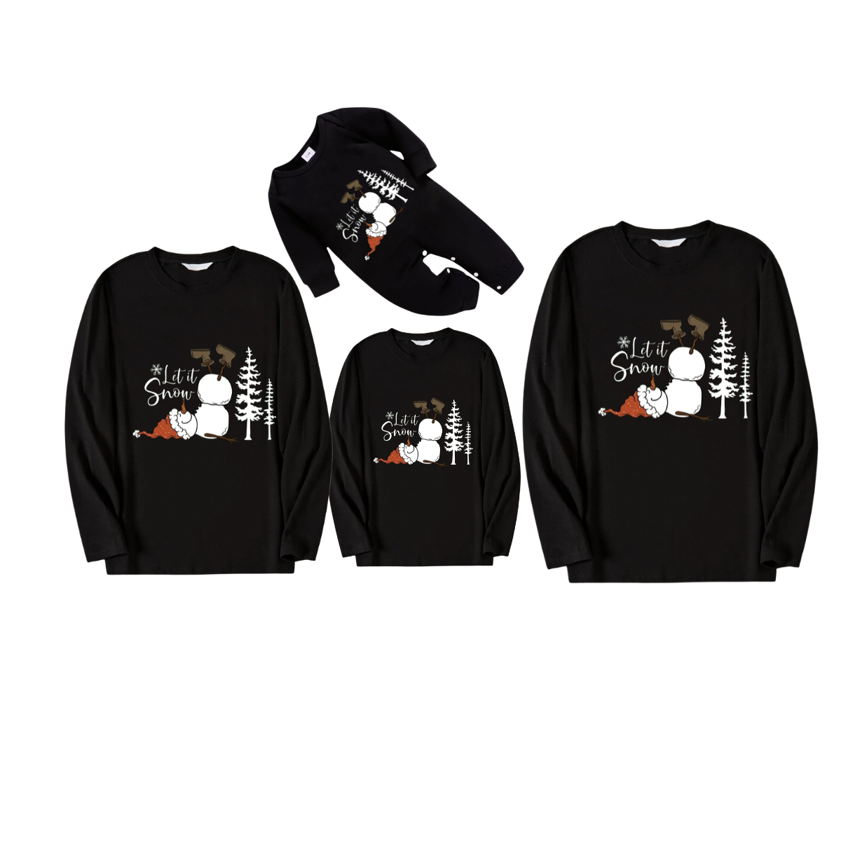 "Let it Snow" Snowman And Tree Pattern Black Long Sleeve Top