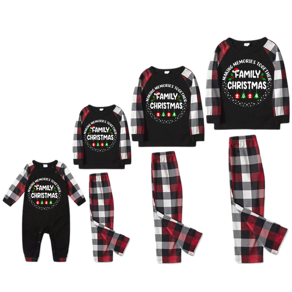 "MAKING MEMORIES TOGETHER FAMILY CHRISTMAS 2024" Text Pattern - Black Top with Red&Black&White Plaid Sleeves - Family Matching Pajamas