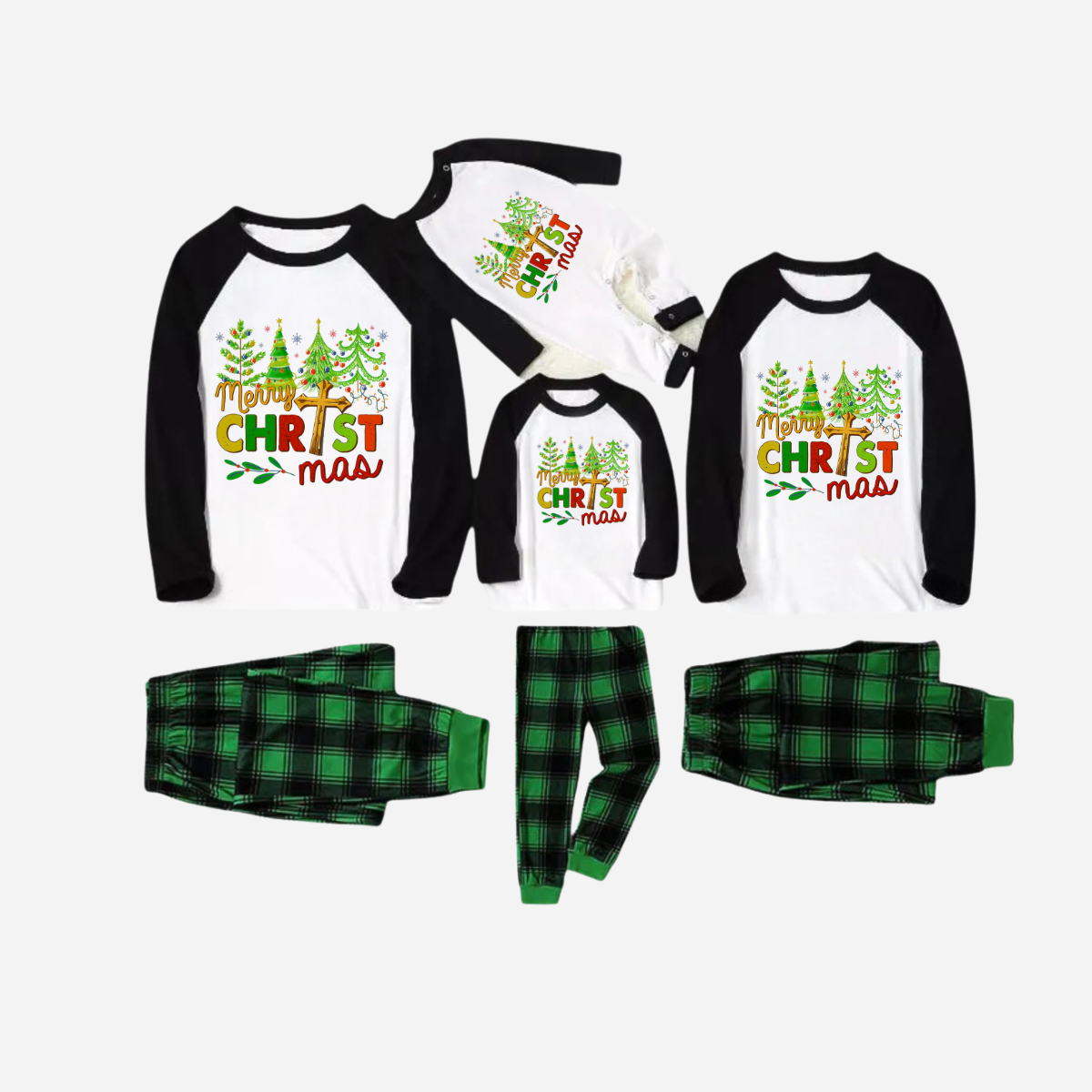 Merry Christmas Trees Family Christmas Pajamas Set - Black and White Top with Green Plaid Pants