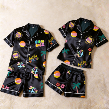 Silky Satin Summer Print Pajama Set – Classic Couple Sleepwear
