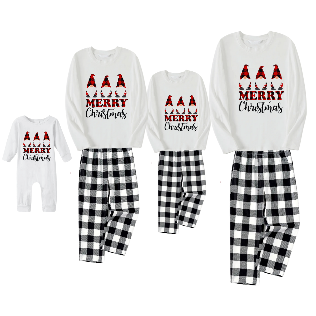 MERRY Christmas Letters And Santa Hat Printed White Long Sleeve Top with Black & White Plaid Pants Family Pajamas