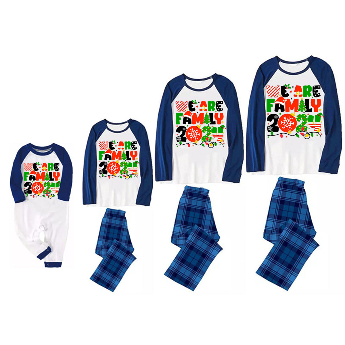 Christmas "We are Family" Colorful Multi-Element Letter Print Blue & Black Plaid Family Matching White Pajamas With Dog