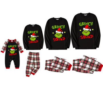 Christmas Cartoon Print and Text Print Black Long Sleeve Top with Red & White & Green Plaid Family Matching Pajamas 2024