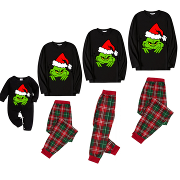 Green Cartoon Character with Red Hat Pattern Black Top Red and Green Plaid Family Matching Pajamas