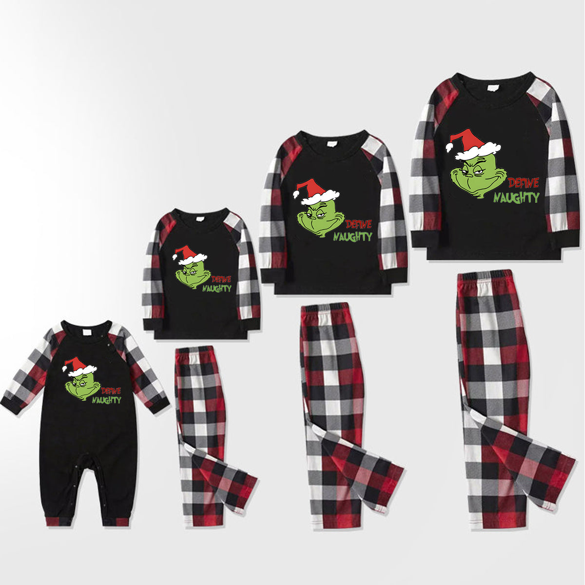 Christmas 'Define Naughty' Letter Print Patterned Casual Long Sleeve Sweatshirts Contrast Tops and Red & Black & White Plaid Pants Family Matching Pajamas Set With Dog Bandana