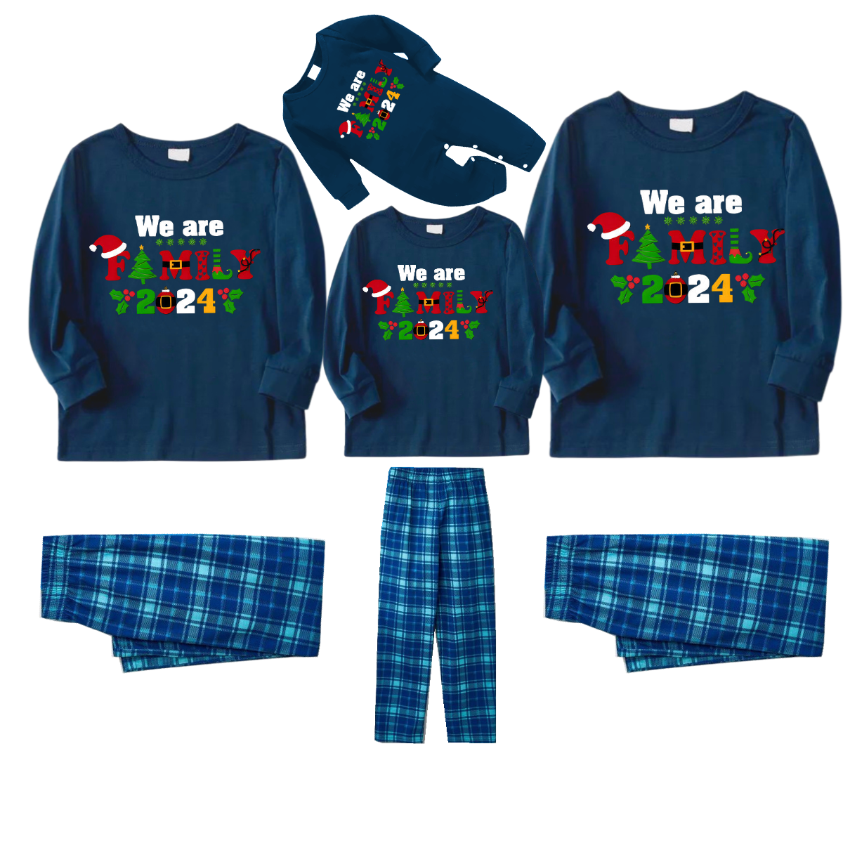 Christmas We are Family 2024 Letter Print Blue Long Sleeve Top With Blue Plaid Family Matching Pajamas