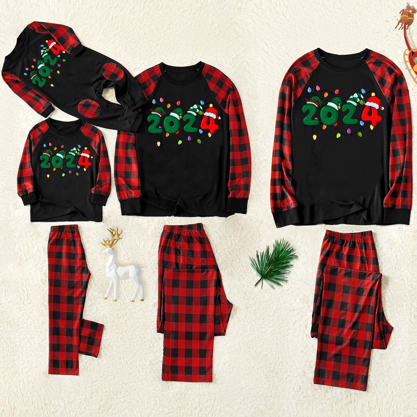 Christmas "2024" Letter Print Black & Red Plaid Family Matching Black Pajamas