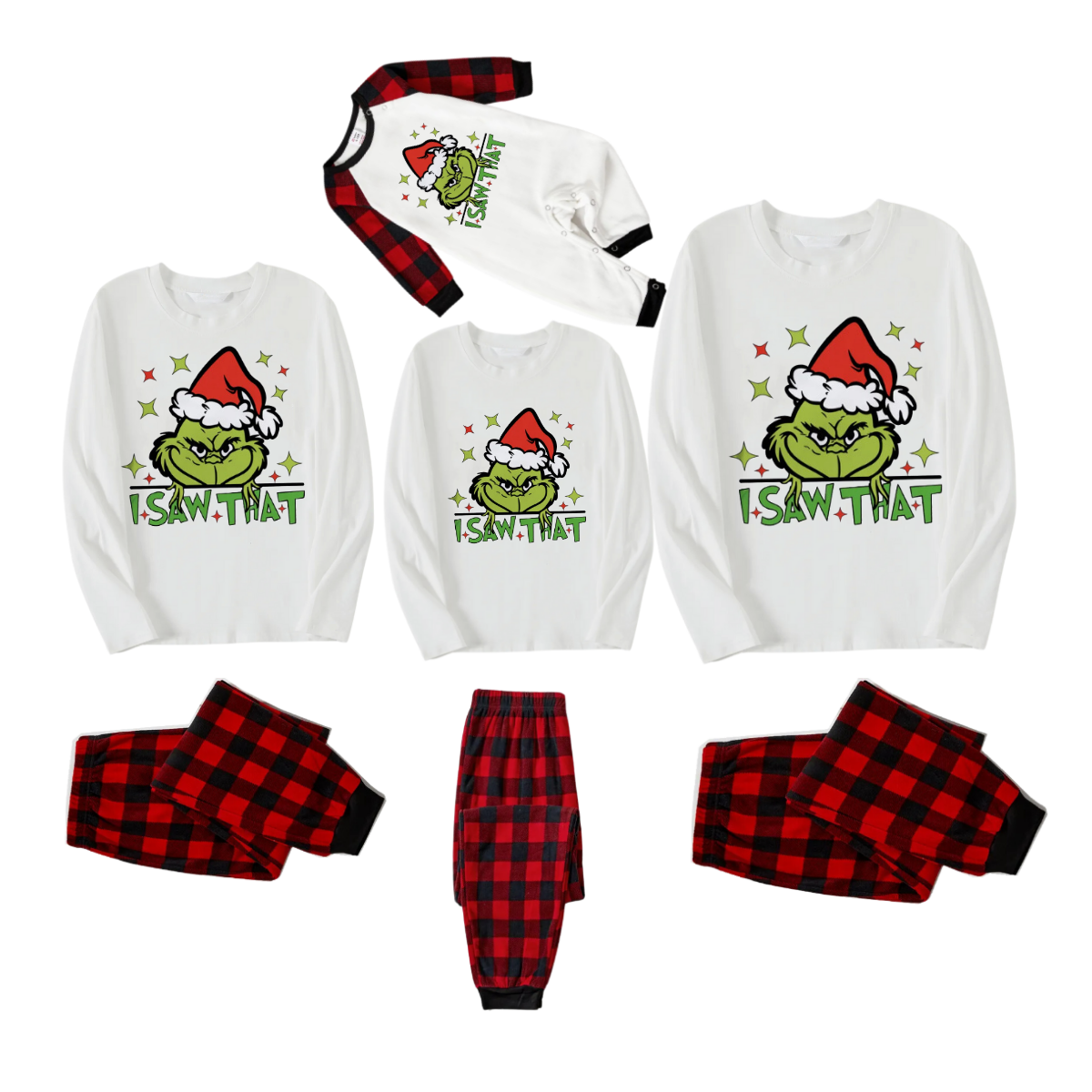 Cartoon Pattern and "I Saw that" Text Printed Red & Black Plaid Family Matching Pajamas