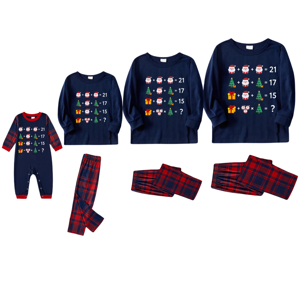 Christmas Tree and Santa Claus Prints Blue Long Sleeves Top with Red & Blue Plaid Pants Family Matching Pajamas